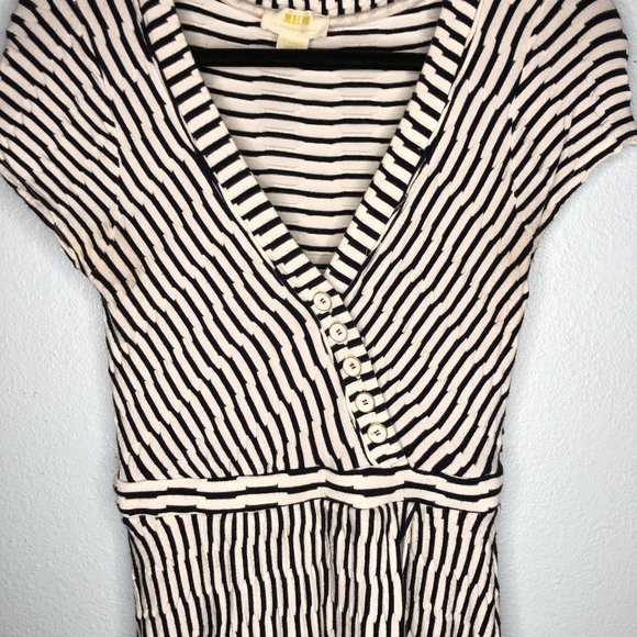 Anthropologie Maeve Paladino Black White Striped Faux Wrap Button Dress XS - Picture 2 of 4
